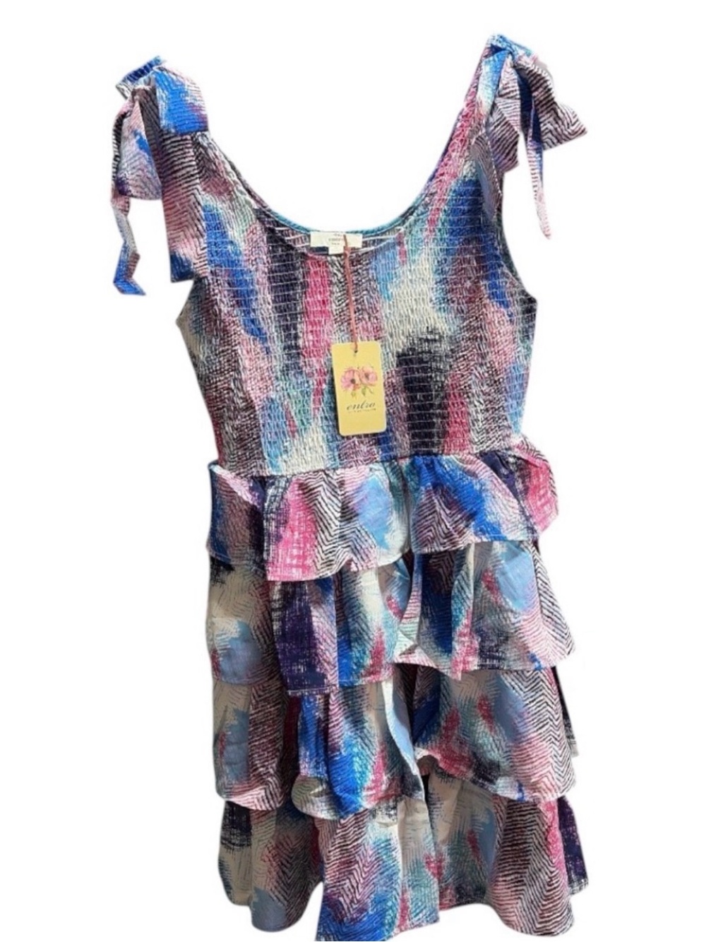 entro Multicolor Brushstroke Ruffle Tiered Mini Dress with Tie Shoulders
